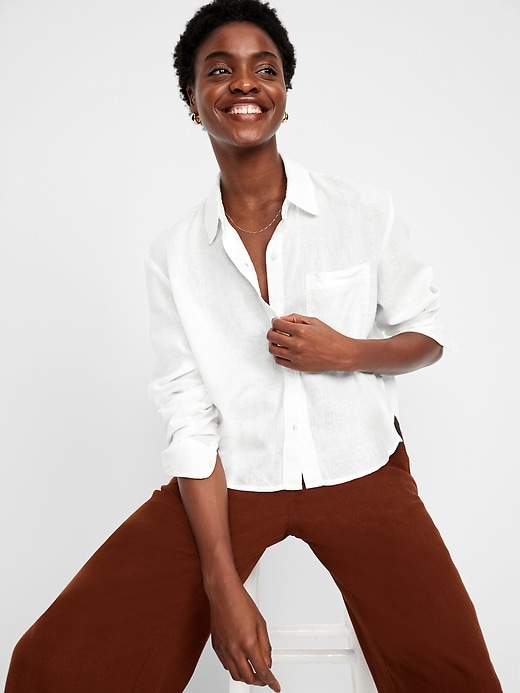 Image number 3 showing, Linen-Blend Button-Down Crop Shirt