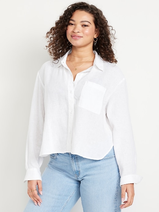 Image number 5 showing, Linen-Blend Button-Down Crop Shirt