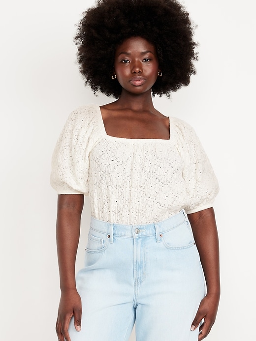 Image number 5 showing, Puff-Sleeve Lace Top