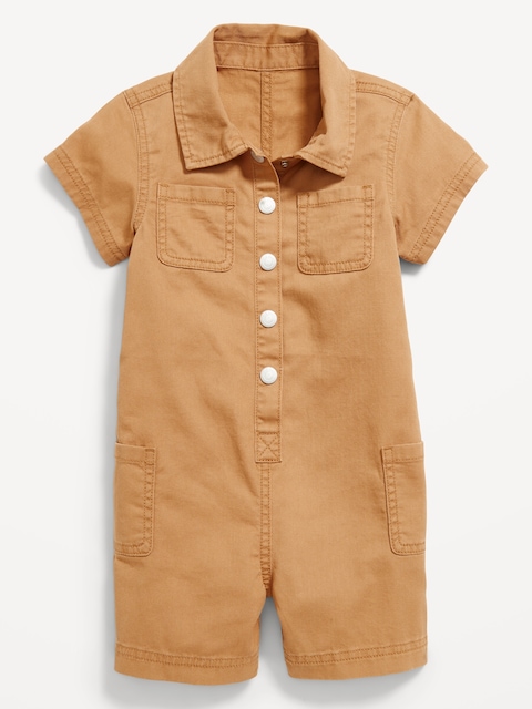 Printed Short-Sleeve Utility Twill Romper for Toddler Girls - Brown