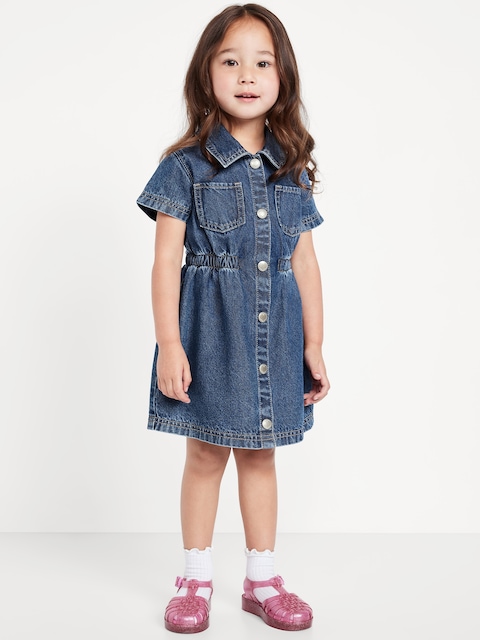 Short-Sleeve Cinched-Waist Jean Dress for Toddler Girls